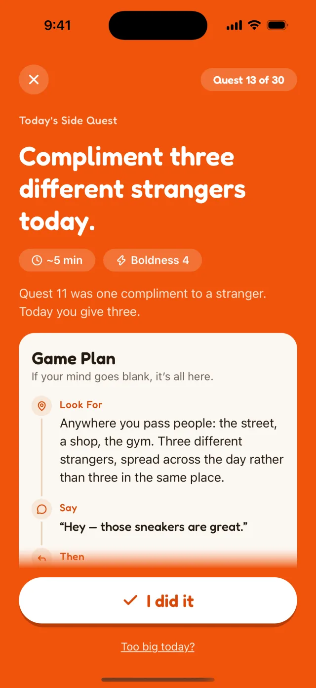Challenge screen showing Quest 13 of 30 and the Game Plan: Look For, Say